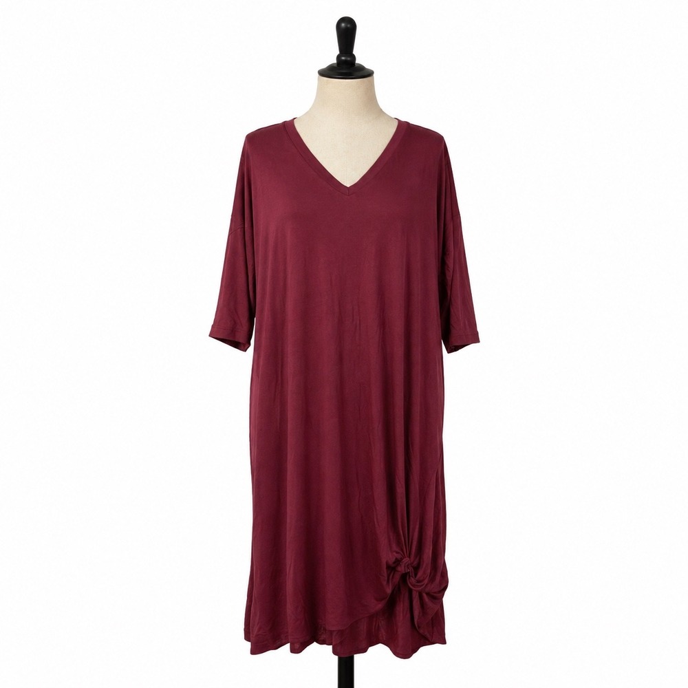 Emerald Burgundy V-Neck Side Knot Jersey Knit Midi Dress Womens Modest Large